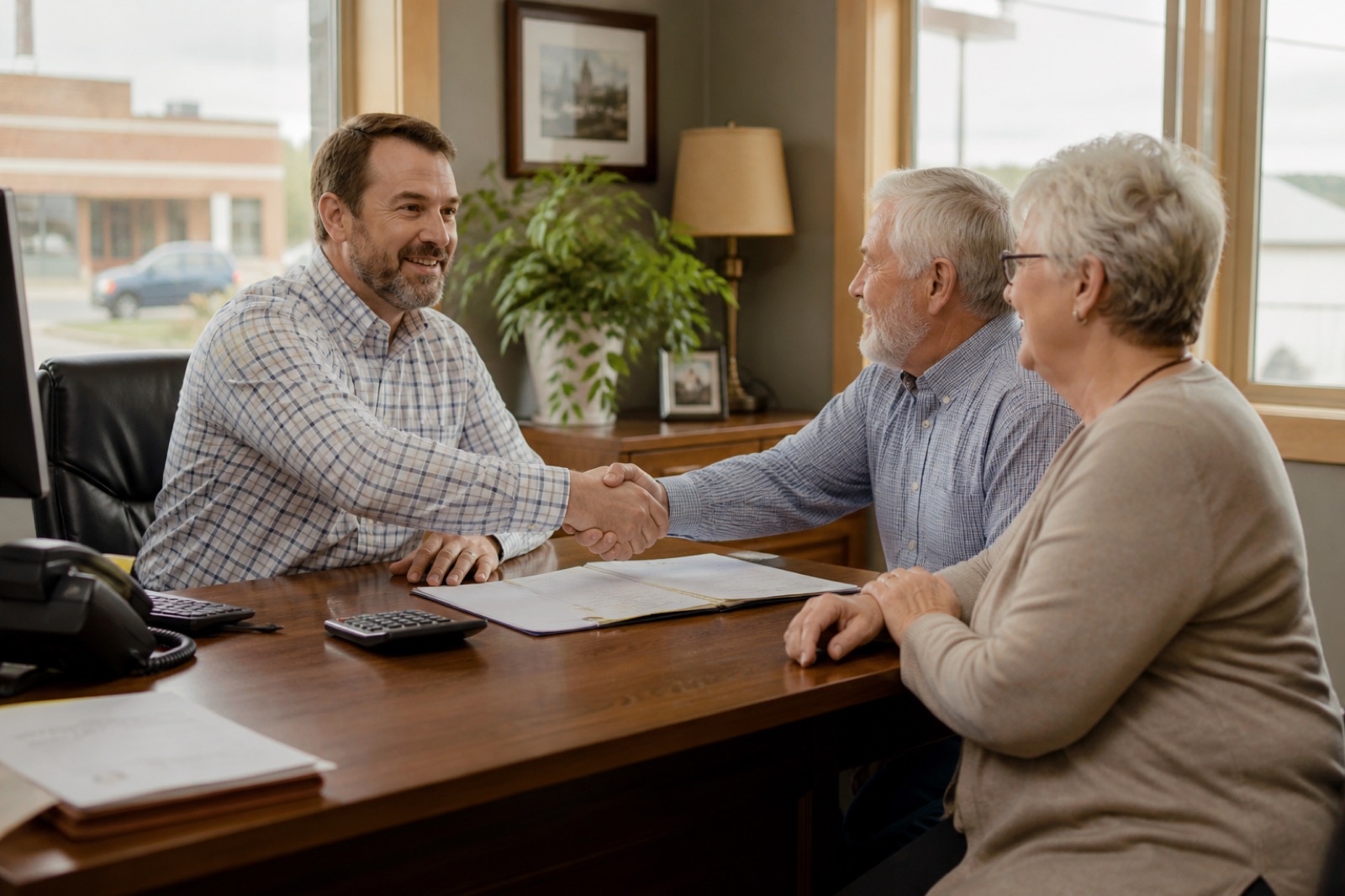 A Russellville Financial loan agent shaking hands with an older couple across the desk of a small-town office