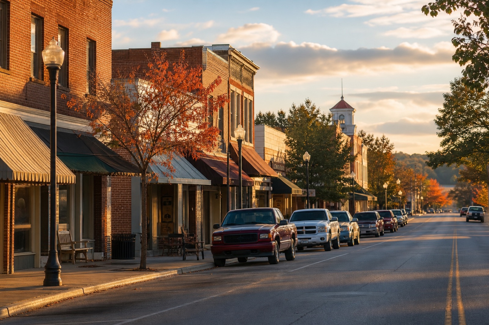 Brick storefronts and awnings along the main street of downtown Russellville at dusk